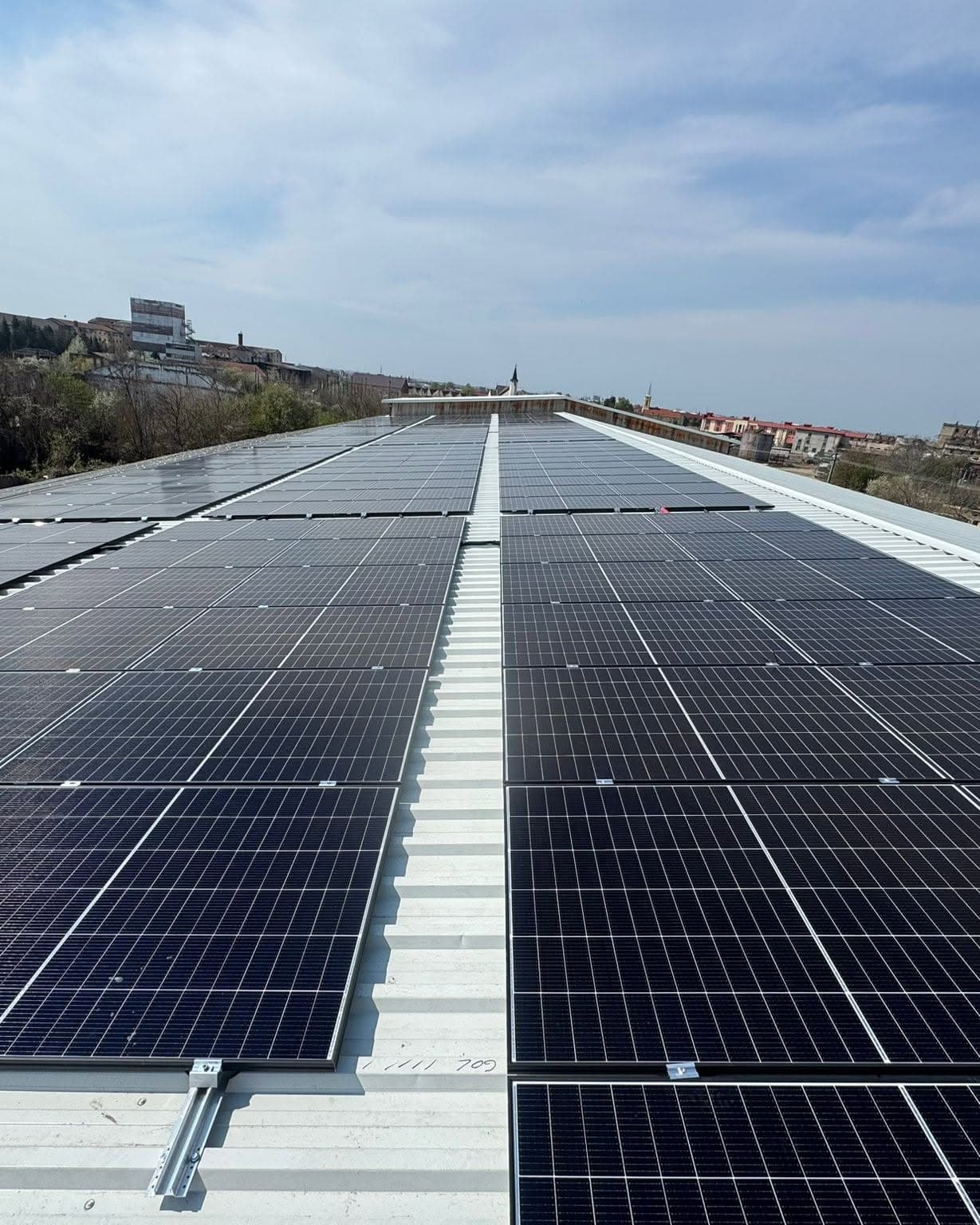 Rows of solar panels on a flat commercial roof, with city buildings on the horizon.